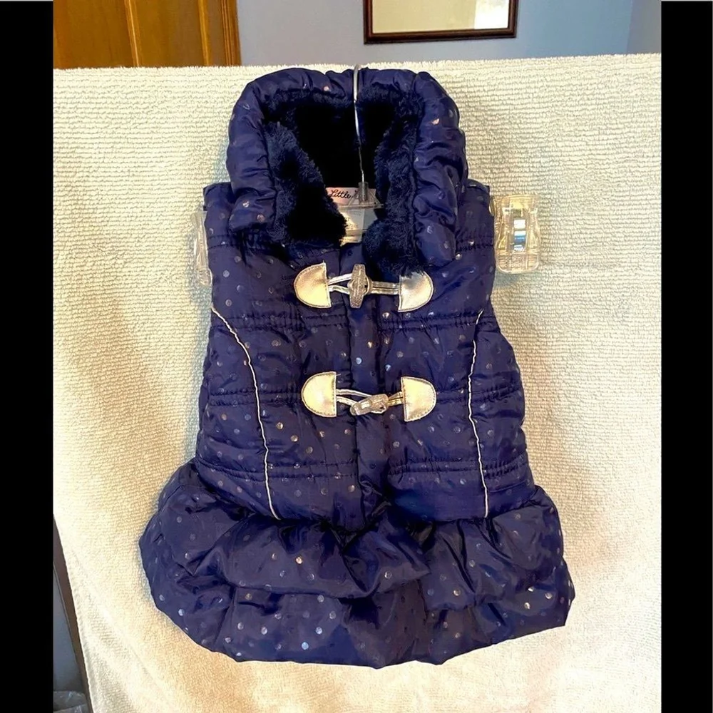 Little Lass Toddler Puffer Vest – Navy Blue Polka Dot Size 2T - Faux Fur Collar